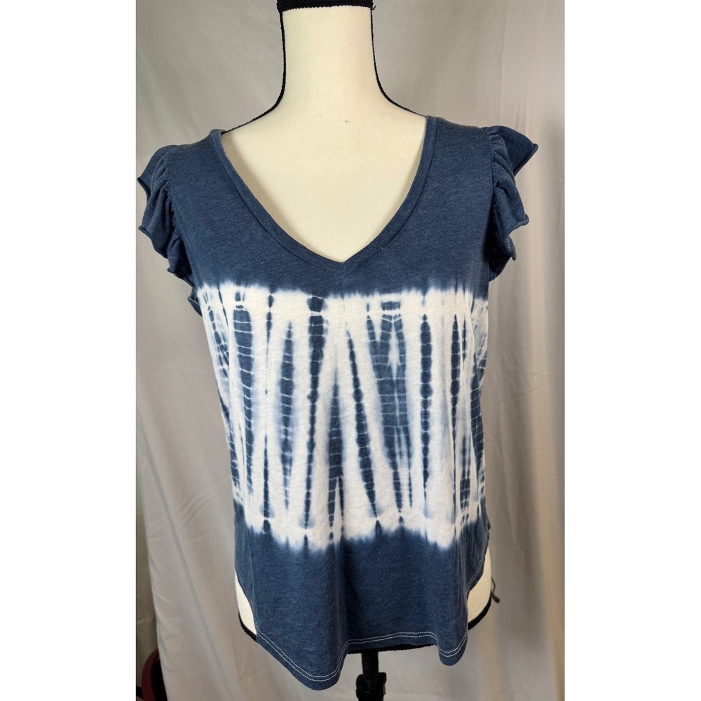 Chaser Tie Dye Top Women Medium Blue New Ruffle Sleeve V-Neck Vintage Wash